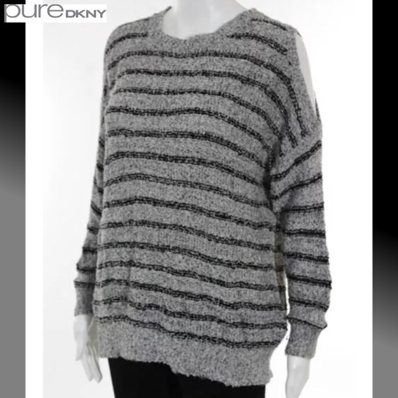 PURE DKNY Blk/Gray Stripe Cold Shoulder Sweater - Picture 2 of 4
